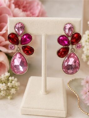 J.Crew Pink & Red Crystal Floral Drop Statement Earrings